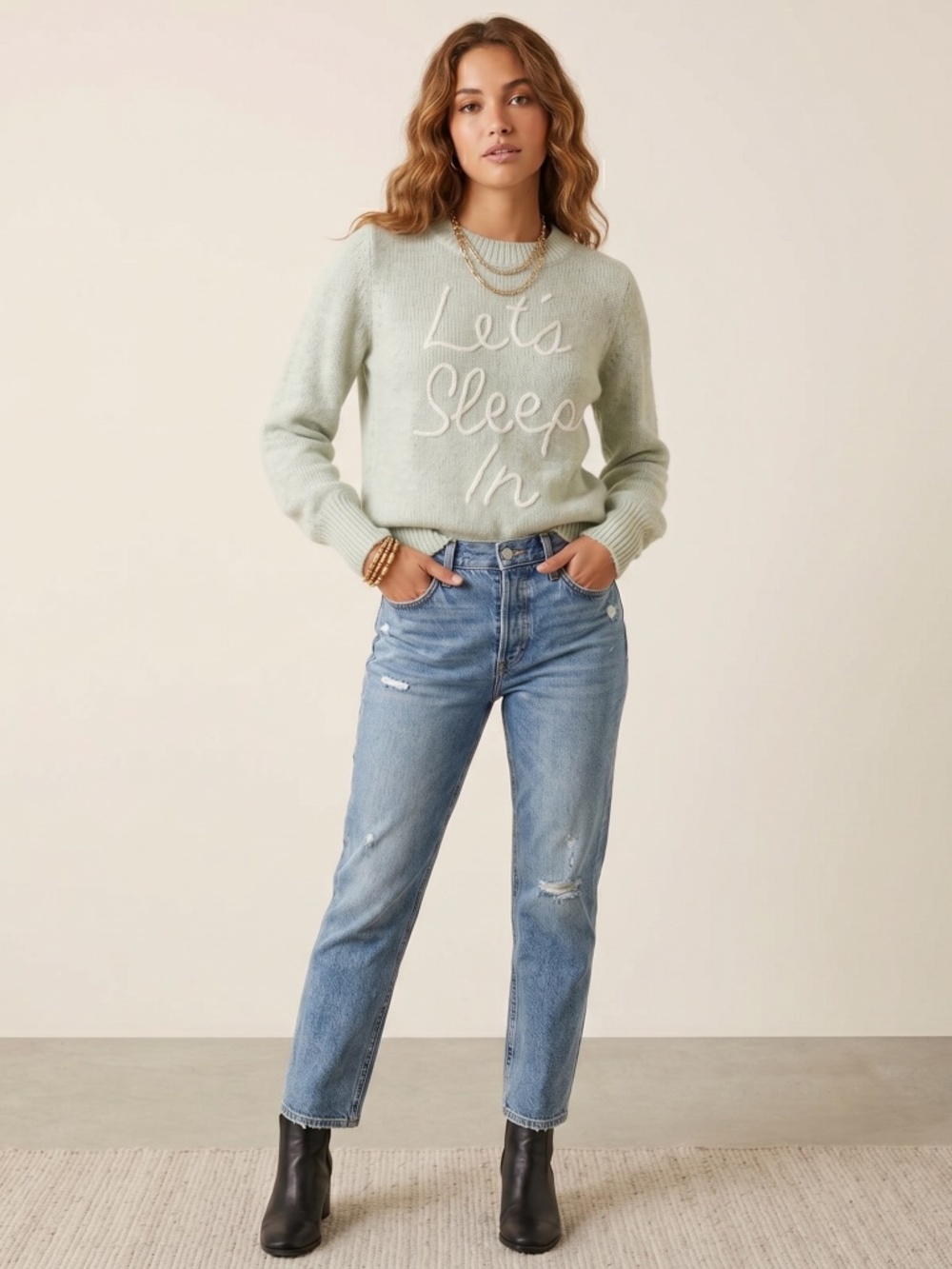 Wild fox let’s sleep in Women's Mint Green Sweater - Cozy Knit
